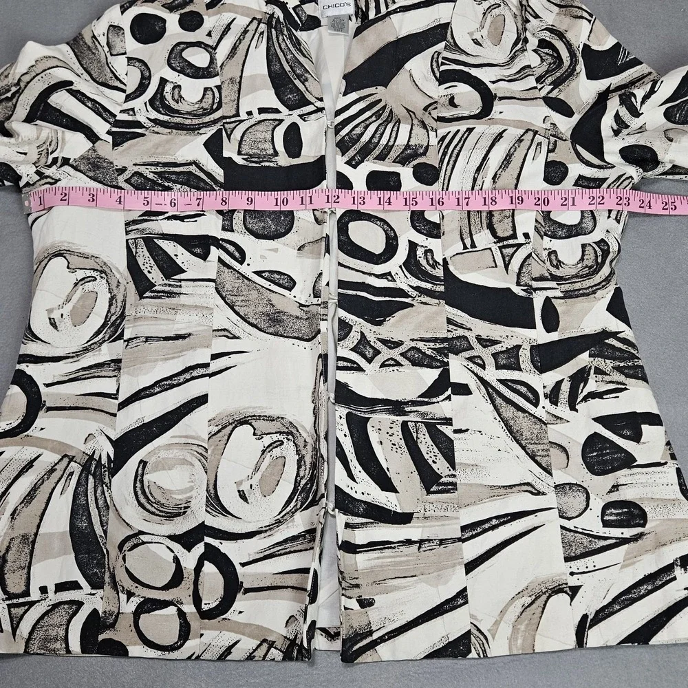Chico's‎ Blazer Jacket Size 3 US XL Silk Linen Lined Abstract Black Beige